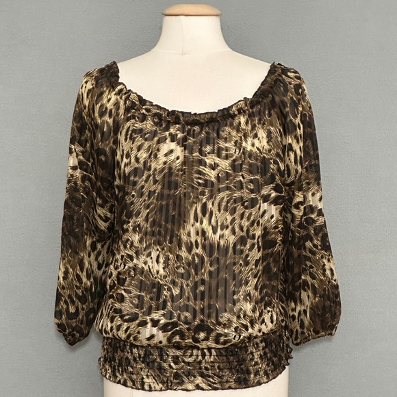 Retro 90s Womens Top L Sheer Leopard Print Off Shoulder Smocked Going Out Party - Picture 5 of 10